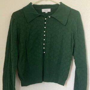 Dark Green Lapel Ribbed Textured Knit Top